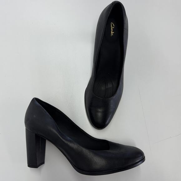 Clarks Shoes Womens Size 9 Black Kaylin Cara 2 Leather Block Heel Pumps Comfort - Picture 1 of 9